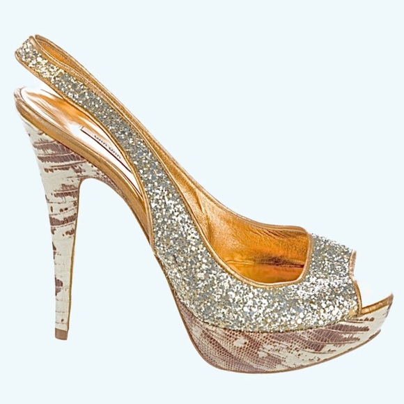 Miu Miu Embellished Silver Glitter Peep Toe Leather Slingback Shoes 8.5 - Picture 11 of 14
